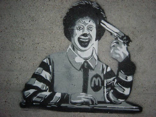 Ronald McDonald schiesst sich die Scheisse aus dem Hirn. GEM Schablonen Graffiti in Zrich Schweiz. Ronald McDonald shoots himself, blows his brains out. 3 layer stencil graffiti in Zurich Switzerland