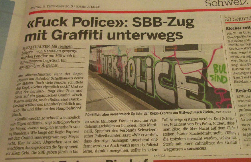 Fuck Police. SBB-Zug mit Graffiti unterwegs. Artikel in 20minuten 11 dezember 2015. 
