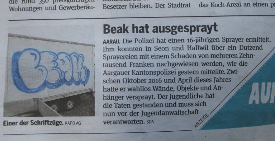 2017. Sprayer BEAK im Aargau verhaftet. Er sprayte in Seon und Hallwil